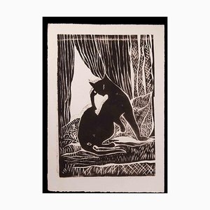 Inconnu, Chat Noir par la Fenêtre, Gravure sur Bois Originale, Début du 20ème Siècle