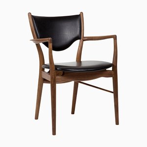 46 Chair Armrests, Wood and Elegance Black Leather by Finn Juhl