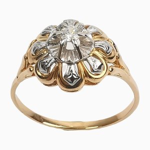 18K Yellow and White Gold Flower Ring with a Diamond