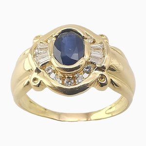 18K Yellow Gold Ring with Sapphire and Diamonds