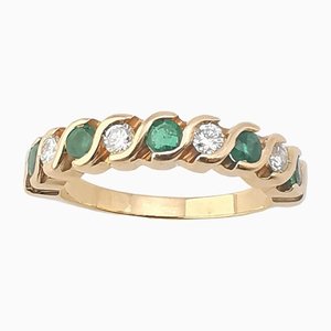 American Wedding Band in 18K Yellow Gold with Diamonds and Emeralds