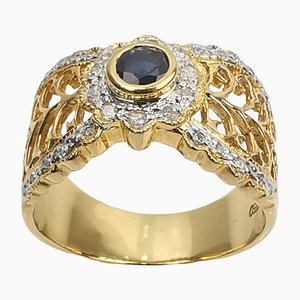 18K Yellow Gold Ring with Sapphire and Diamonds