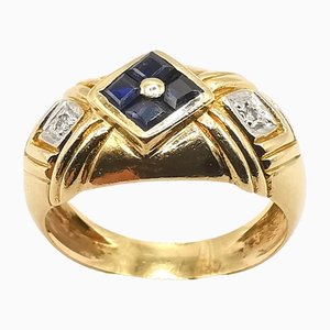 18K Yellow Gold Ring with Sapphires and Diamonds