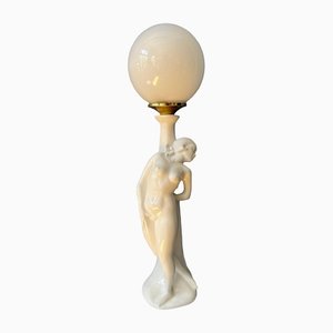 Vintage Art Deco Porcelain Female Figure Table Lamp with Glass Shade