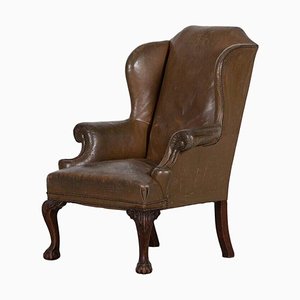 19th Century English Olive Leather & Mahogany Wingback Armchair