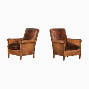 English Worn Leather Beech Club Chairs, Set of 2