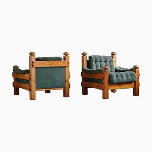 Swedish Modern Brutalist Lounge Chairs in Solid Pine, 1970s, Set of 2