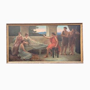 Neoclassical Scene Depicting Young Emperor with Muses, 19th Century, Large Oil on Canvas, Framed