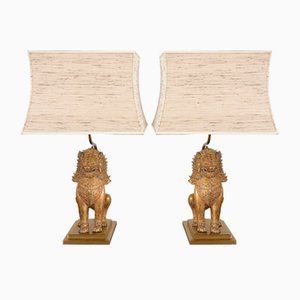 Asian Gold Brass Gilt Foo Dogs Table Lamps, 1960s, Set of 2
