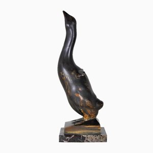 Art Deco Goose, 1940s, Patinated Bronze on Marble Base