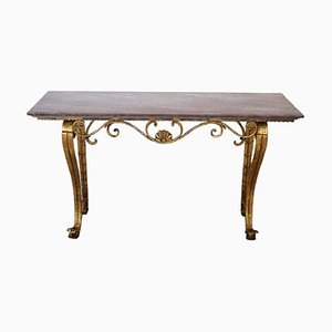 Gilded Iron Console Table with Marble Top, 1980s