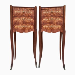 Early 20th Century French Bedside Tables in Marquetry & Bronze with Iron Details, Set of 2