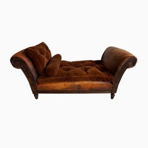 French Distressed Leather Adjustable Loveseat or Daybed, 1900s