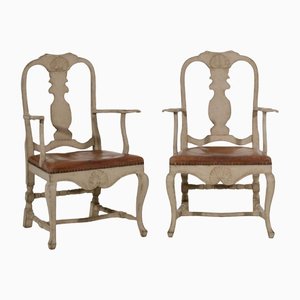 Swedish Carved Armchairs in Leather, 19th Century, Set of 2