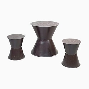 Asian Modern Table and Stools in Brown Metal with Decoration, 1990s, Set of 3