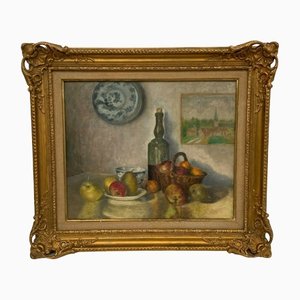 J Poisat, Bodegón con frutas, óleo sobre lienzo, enmarcado