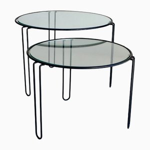Vintage Round Wire Nesting Tables in Metal & Glass, Set of 2