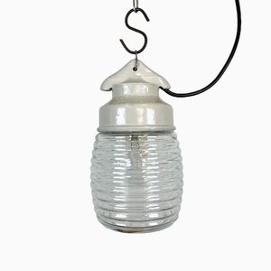 Industrial White Porcelain Pendant Light with Clear Ribbed Glass, 1970s