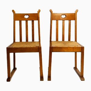 Mid-Century Oak Chairs with Skid Feet & Wicker Seats, Set of 2