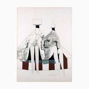 Lynn Chadwick, Two Seated Figures on Stripes, 1972, Lithograph
