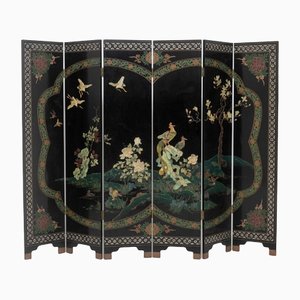Chinese Lacquered Wood Screen with Inlaid Stones