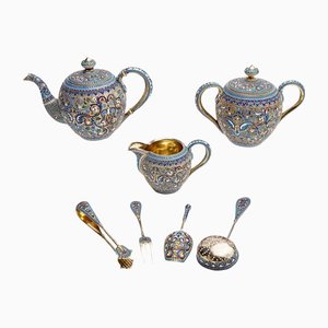 19th Century Russian Silver & Enamel Tea Service, Moscow, 1890s, Set of 7
