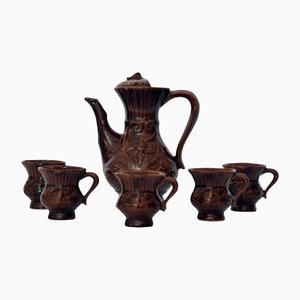 Vintage Stoneware Pottery Decanter with Cups, Set of 6