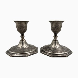 Silver Engraved Candleholders, Middle East, Set of 2