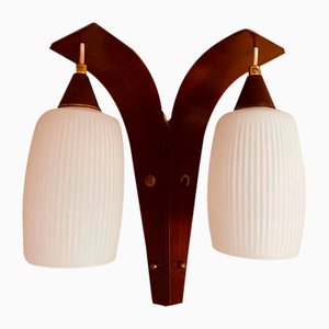 Teak & Double Ribbed Glass Shade Wall Lights with Brass Detail, 1960s