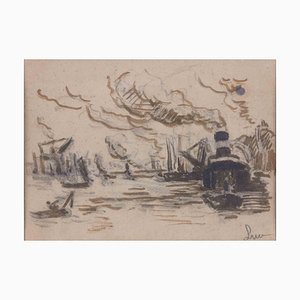 Maximilien Luce, Ships in London, Original Watercolor, 19th Century
