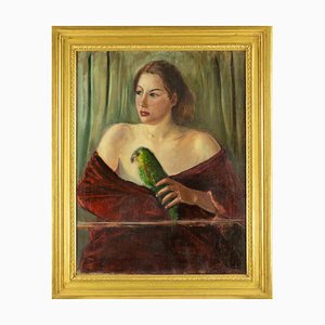 Antonio Feltrinelli, Woman with Parrot, Original Painting, 1930s