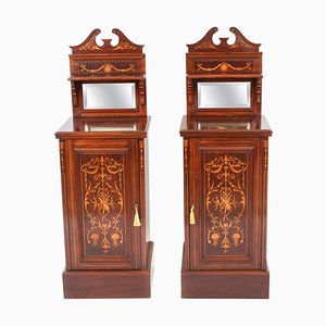 Antique Edwardian Mahogany Marquetry Bedside Chests, Set of 2