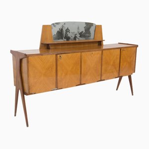 Vintage Wood and Figurative Glass Bar Sideboard attributed Paolo Buffa
