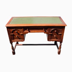 Oak Drawer Writing Desk with Green Leather, 1940s