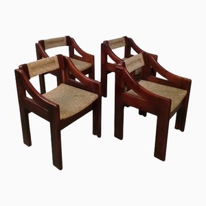 Mid-Century Brutalist Pine and Straw Chairs by Fratelli Montina, Italy, 1960s, Set of 4