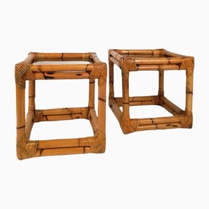 Vintage Bamboo, Rattan & Smoked Glass Side Tables, Italy, 1970, Set of 2