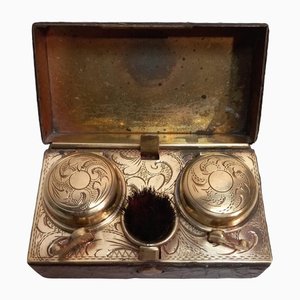 Brass & Leather Travel Inkwell Set, 19th-Century, Set of 3