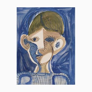 Raymond Debiève, Porträt eines Knaben in Blau, 1960er, Gouache auf Papier