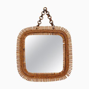 Mid-Century Italian Rattan Mirror with Hanging Chain, 1960s
