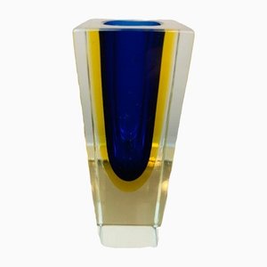 Italian Murano Sommerso Blue Yellow and Clear Glass Vase, 1970s
