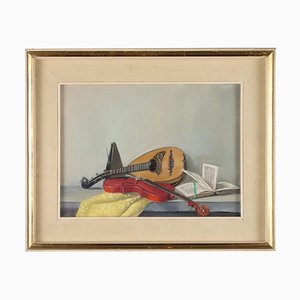 Adriano Gajoni, Still Life with Musical Instruments, 20th Century, Oil on Hardboard