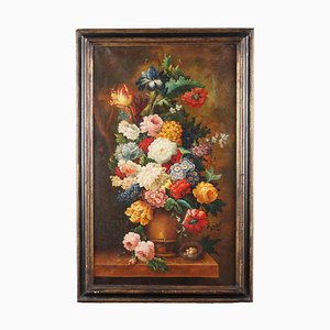 Still Life with Flowers in Pot and Nest With Eggs, 19th Century, Oil on Canvas, Framed