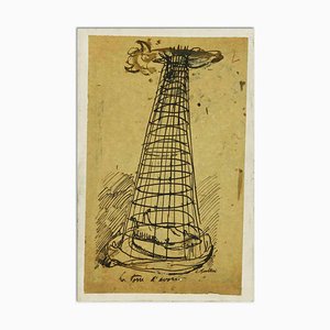 Luigi Bartolini, La Torre d'Avorio, Original China Ink Drawing, 1940s