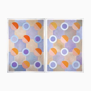 Natalia Roman, Large Diptych, Pastel Tones of Cool Futurist Checkered Pattern, Orange, Violet 2022