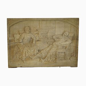 Hand Carved Relief Depicting Drunk Friends, 18th Century, Stripped Oak