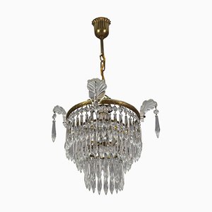 French Empire Crystal Glass and Brass Chandelier, 1930s