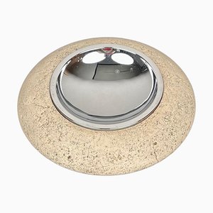 Travertine and Steel Round Ashtray by Marble Art, Italy, 1970s