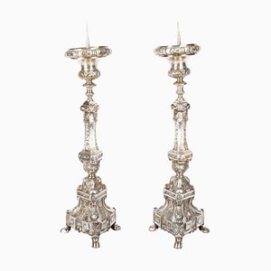 19th Century Baroque Silver Plated Ecclesiastical Candlesticks, Set of 2