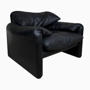Black Leather Maralunga Armchair by Vico Magistretti for Cassina