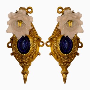 Brass Wall Lights with Opal Glass Tulip, 1920s, Set of 2